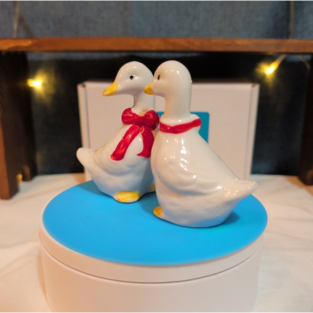 Vintage Ceramic White Goose Figurines Set of 2 Red Bow Farmhouse Decor